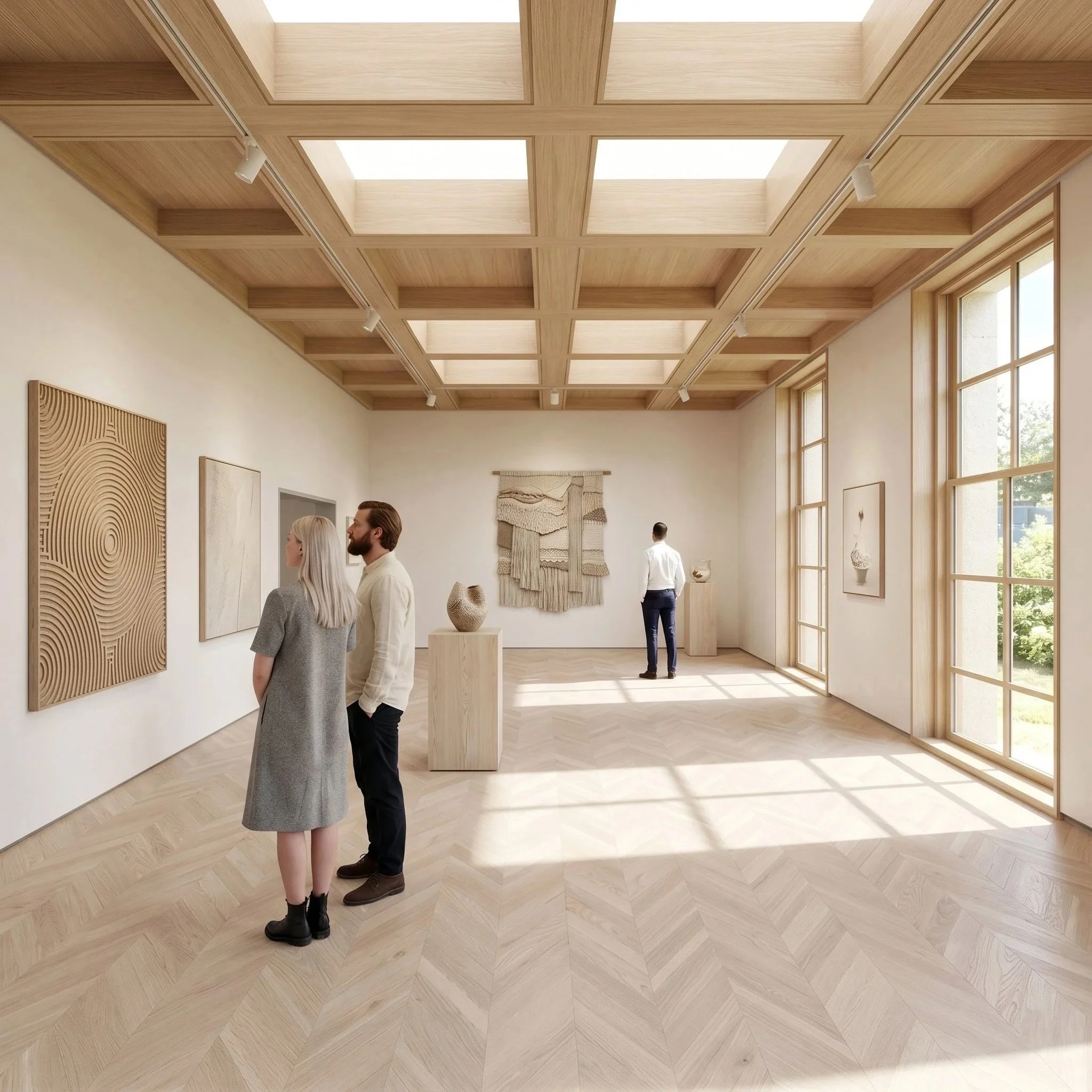 Achieving the perfect interplay between the natural daylight from the timber-coffered skylights and the soft herringbone flooring was critical. This CGI proved vital for the client, allowing them to accurately preview the gallery&rsquo;s spatial prop