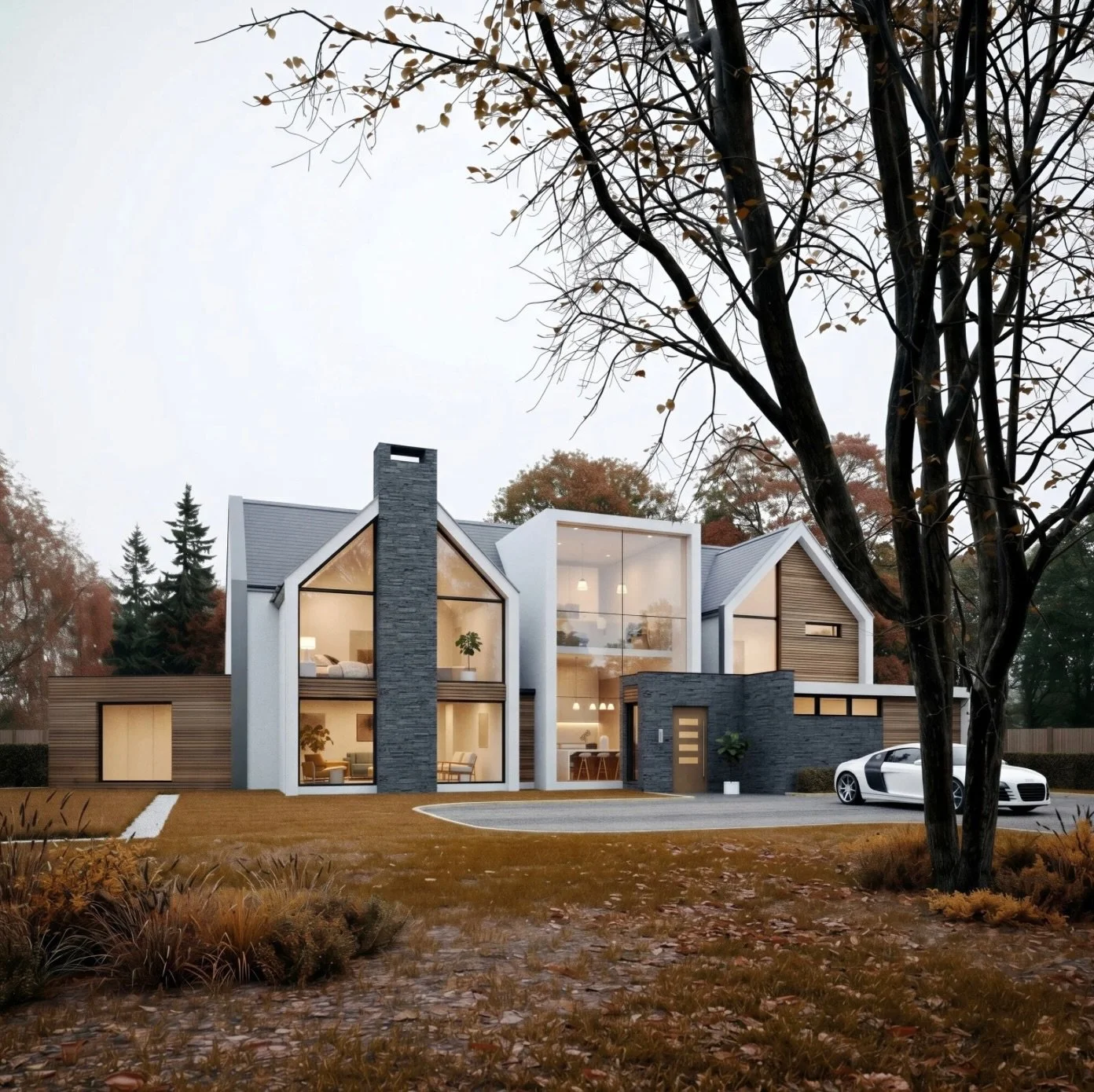 We pushed the boundaries on this one. The goal was to balance that sharp, Scandi-modern aesthetic with textures that actually feel grounded. Look at the contrast between the dark stone chimney and those warm timber accents. It&rsquo;s all about creat