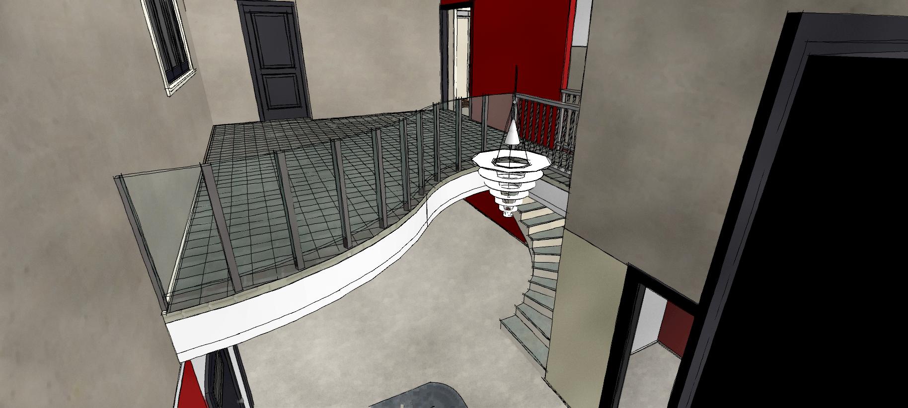 Curved SERPENTINE upper floor created a recessed double height volume at the entrance