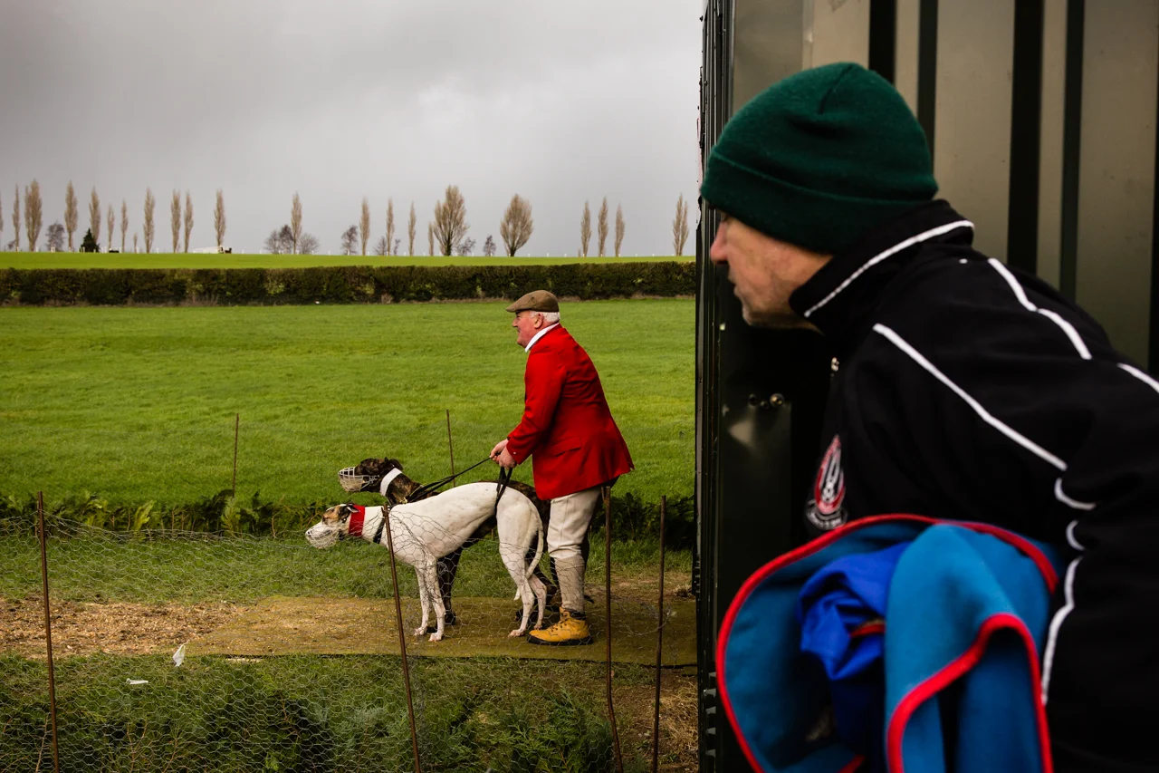 Dogs owner is watching greyhounds being released during National Coursing Meeting in Clonmel, Co. Tipperary, Ireland. 30 Jan 2016.