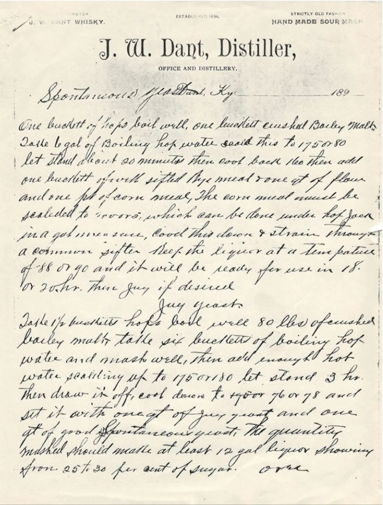 Hand written yeast recipes from J.W. Dent around 1890. 