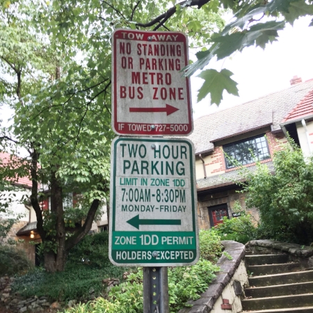 A parking rules sign on Irving Street in Mount Pleasant. 