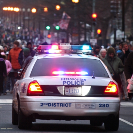 A D.C. Metropolitan Police officer patrols the streets during Barack Obama's inauguration.