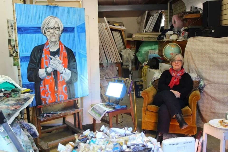 Luise in my studio with painting in progress