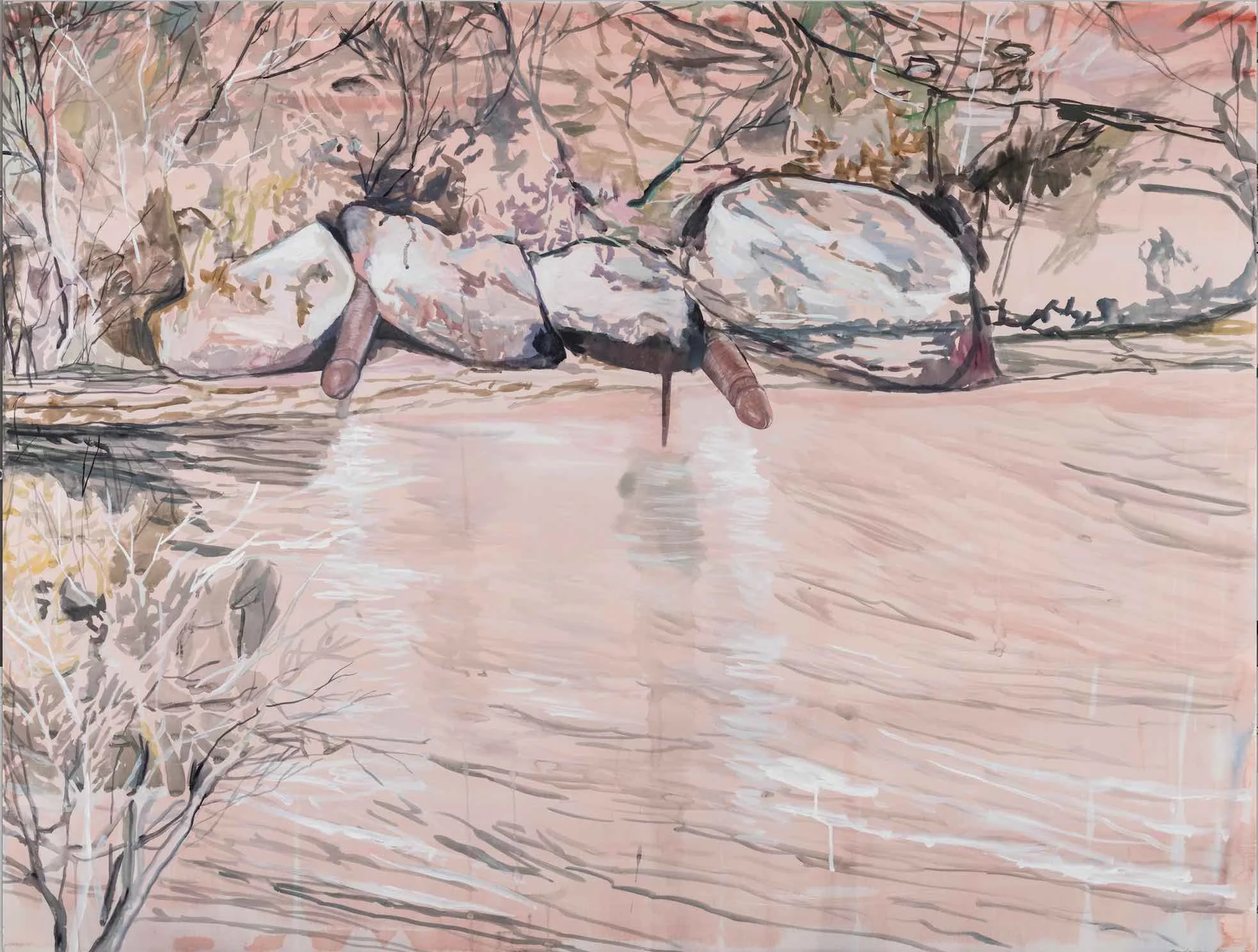 'Cocks under rocks' (Bundanon), watercolour and gouache on arches, 115cm x150cm
