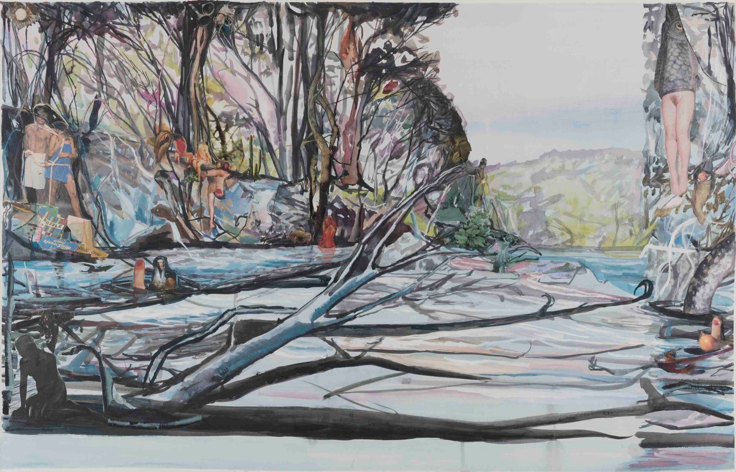 ‘Bundanon Fright and Delight’ (Panel 1) Mixed media and photomontage on Arches 103cm x 67cm, completed 2019, Private Collection