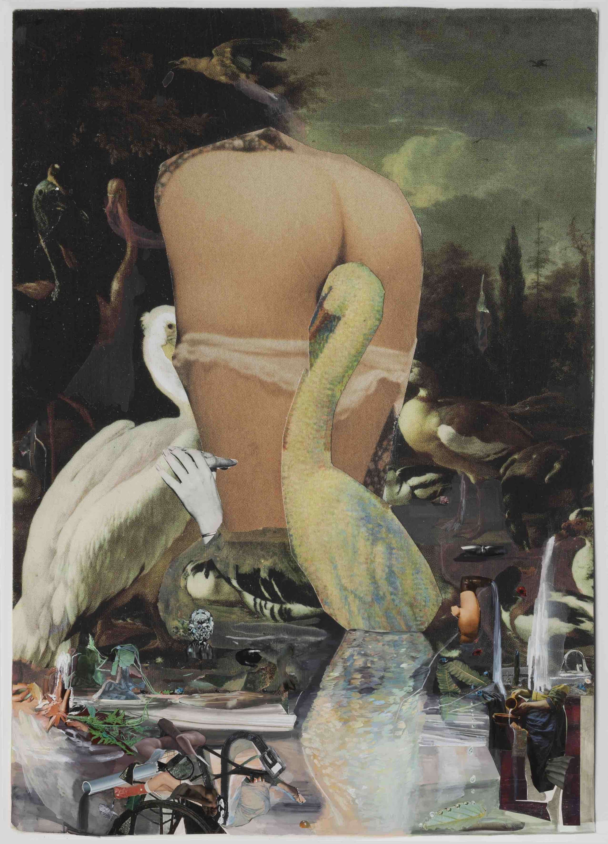 'Origin of the Floating Feather ' (Leda Confronting), 2023 mixed media and photomontage on hand painted archival pigment print on cotton rag 151 x 112cm