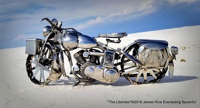 Here is the other side of &quot;The Liberator&quot; spoon motorcycle sculpture. As always, made with all spoons. 
#SpoonMotorcycle #JamesRice #WLA #WarBike #HD #HarleyDavidson #Harley #FineArt #EverlastingSpoonful #sculpture #art #motoart #metalart #