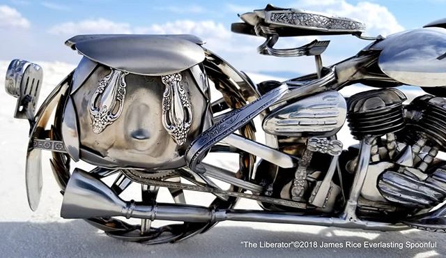 Closer shot of the rear of &quot;The Liberator&quot; WLA spoon motorcycle sculpture. You can see the exhaust, saddlebags, sprocket, chain, and taillight profile. 
#SpoonMotorcycle #JamesRice #WarBike #art #Harley #HarleyDavidson #WWII #motoart #motor