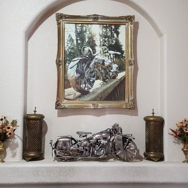 Sometimes our photos make the spoon motorcycle sculptures look life size. For some perspective, here is &quot;The Liberator&quot; on our mantle. It is a 19 inch (48cm) interpretation of the WLA Harley, used in WWII. The fine details, including the Th