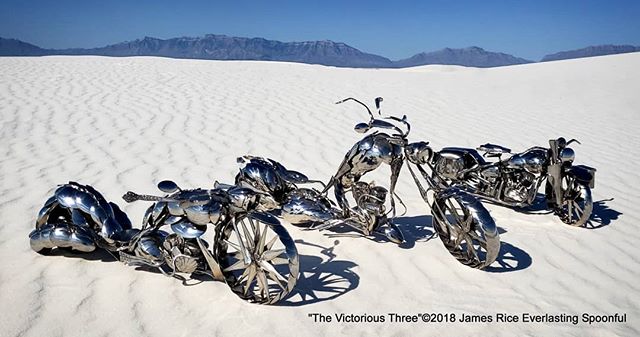 Three of my winning sculptures together at White Sands. &quot;The Scorpion&quot;, &quot;The Mantis&quot;, and &quot;The Liberator&quot;. Just missing &quot;The Roadrunner&quot;, it was still up in Albuquerque. 
#SpoonMotorcycle #JamesRice #choppers #