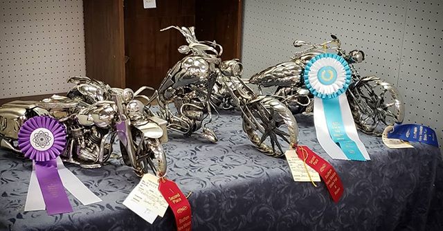 The spoon motorcycles sculptures got some SERIOUS love at the Southern NM State Fair Fine Art Show!!! 5 awards for 3 bikes! Two 2nd place, one 1st place, one 2nd Best of Show, and one 2nd Best of Lot. I am so happy right now. 🏅🏅🥇🥈🥈 #JamesRice #E