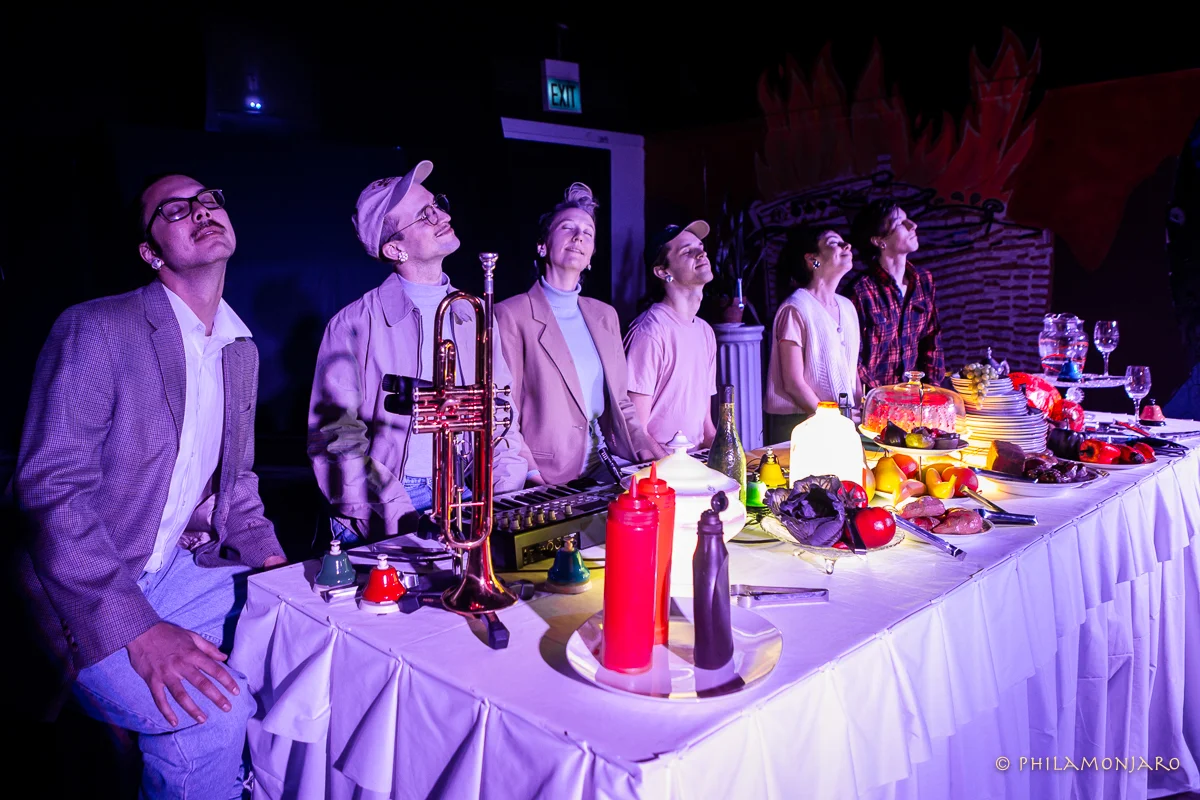 Andrew Tham, Chris Wood, myself, Zach Moore, Lia Kohl, and Alex Ellsworth performing Other Sensations (2019) at The Neo-Futurist Theater during the Chicago International Puppet Theater Festival. Photo: Phil Solomonson.