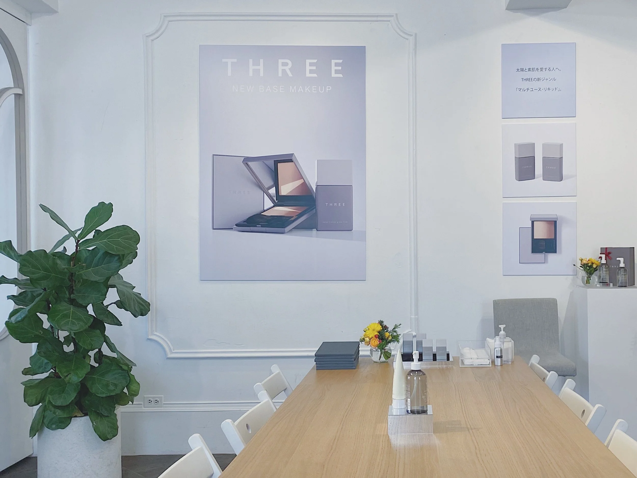 Conference room with a large wooden table, white chairs, potted plant, and posters on the wall advertising a product called THREE with makeup and packaging images.
