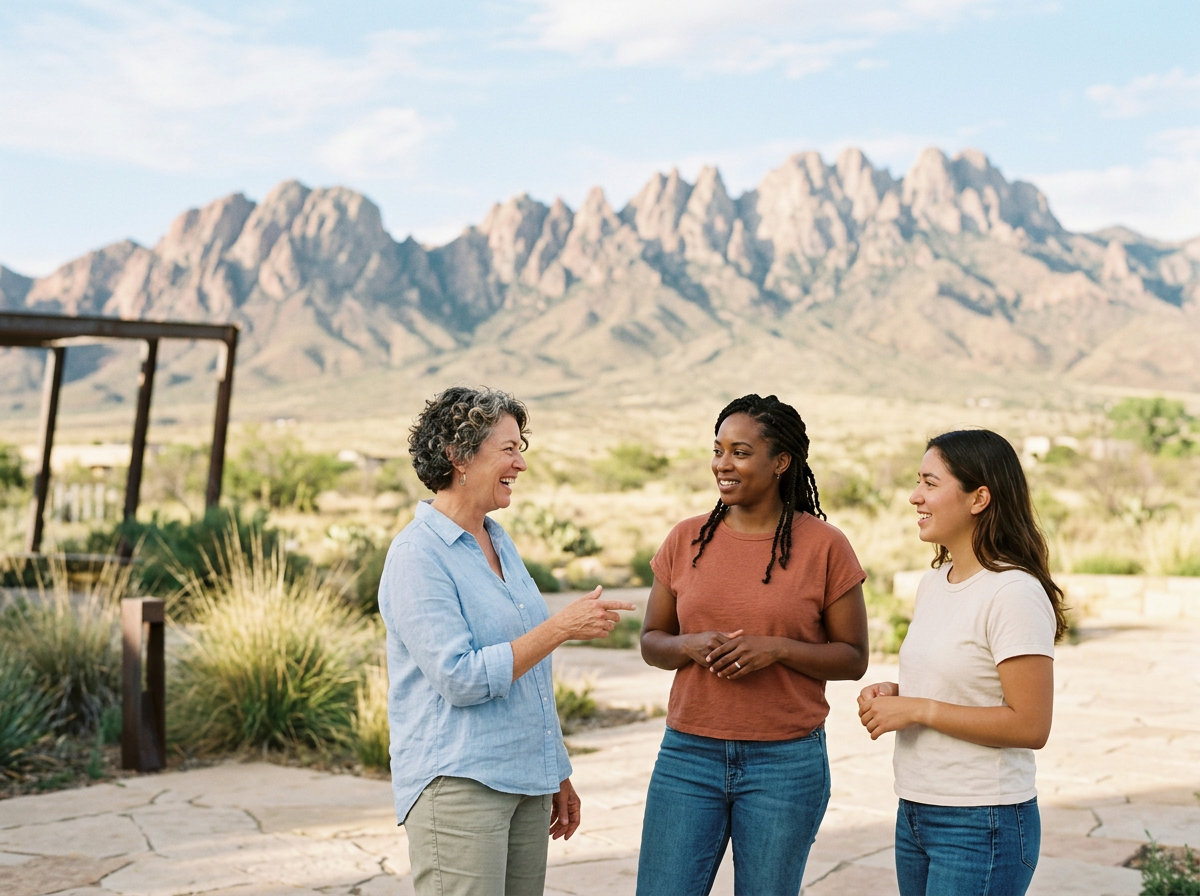 Three women standing outdoors in conversation, with mountains in the background on a sunny day.
