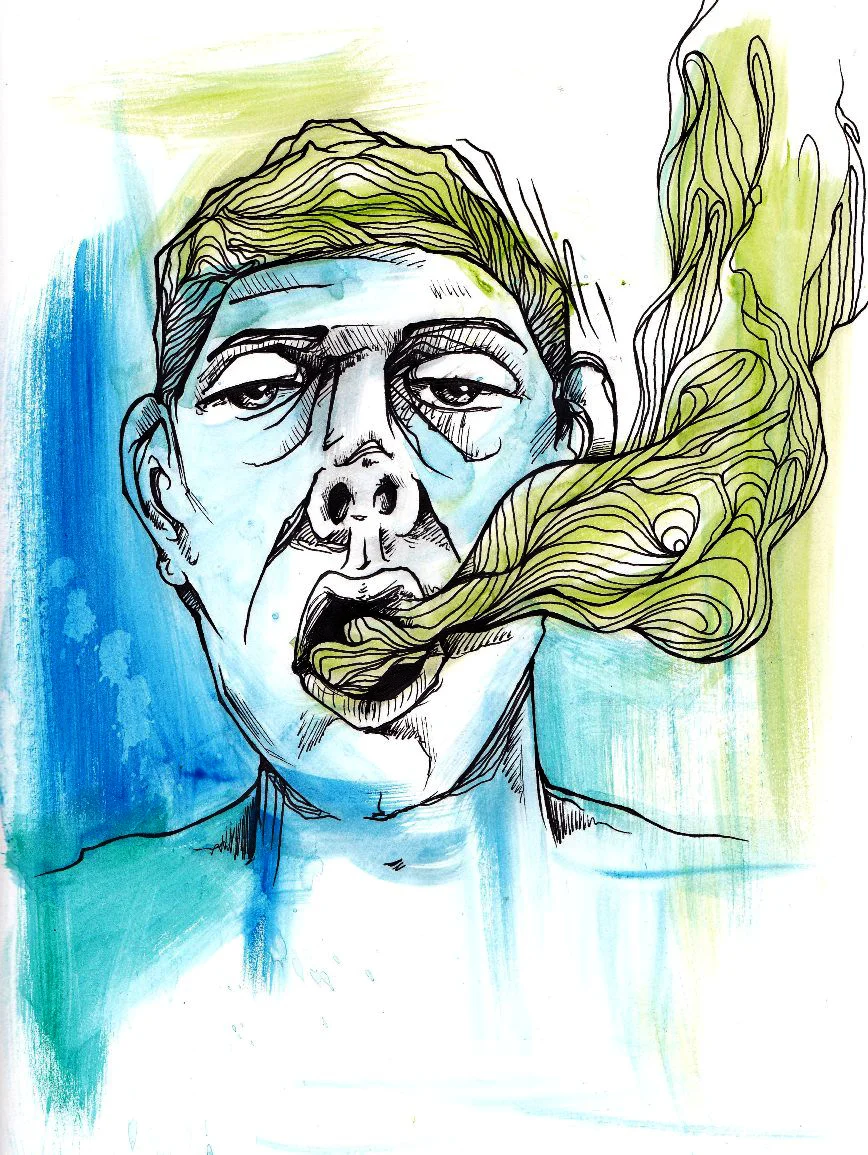 Jake Smoke An older drawing for my friend Jacob on his birthday—which happens to be April 20. 11" x 17" ink & gouache on paper. 2013.