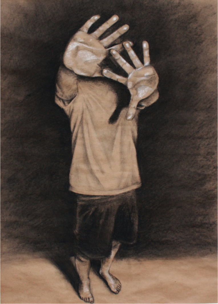 Self Portrait An old drawing of myself. It represents the struggle of trying connecting with other people. 18" x 24" canté & charcoal on paper. 2010.
