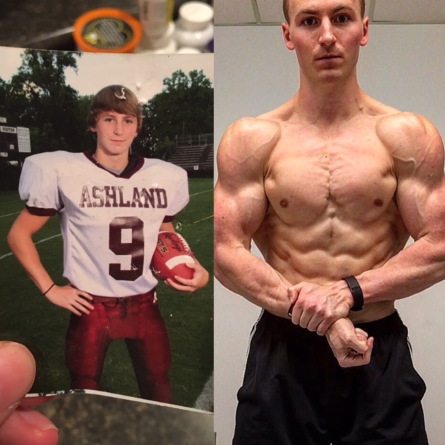 Me freshman year in high school (with a sweet haircut) on the left - Me senior year in college (in the campus gym bathroom) on right