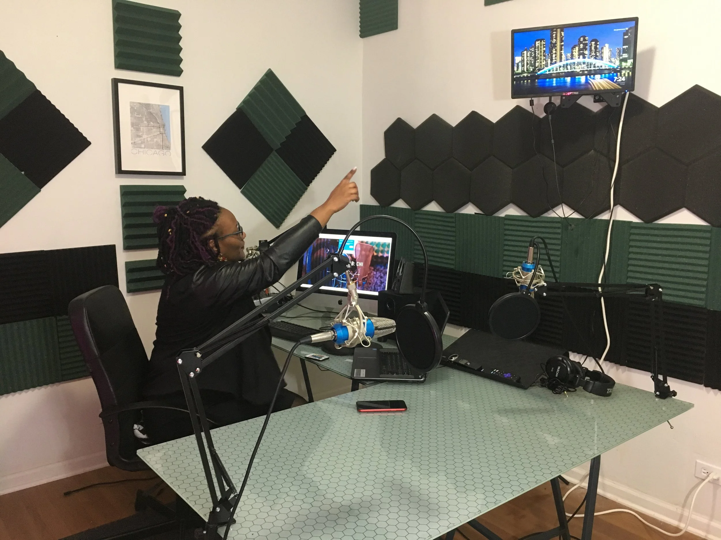 Tiffany “TJ” Mikkal in the podcast studio at The Media Lab: Chi