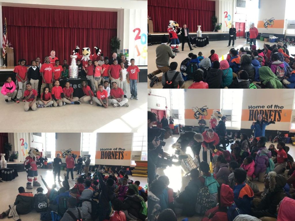 Students and teachers from Hendley ES posed for pictures with the Lord Stanley Cup and Slap Shot (mascot).