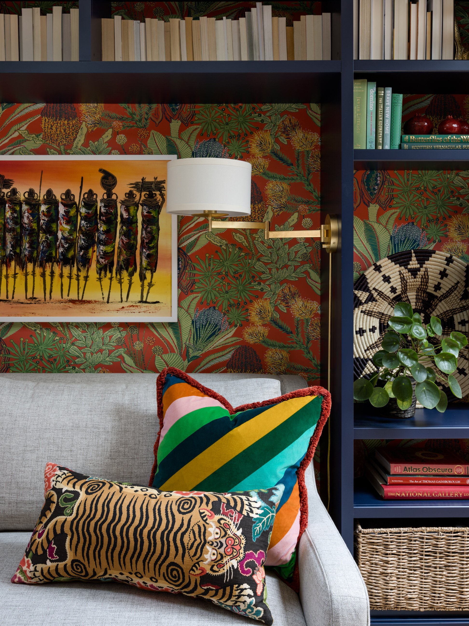 Colorful Living Room with wallpaper and pattern globally inspired decor