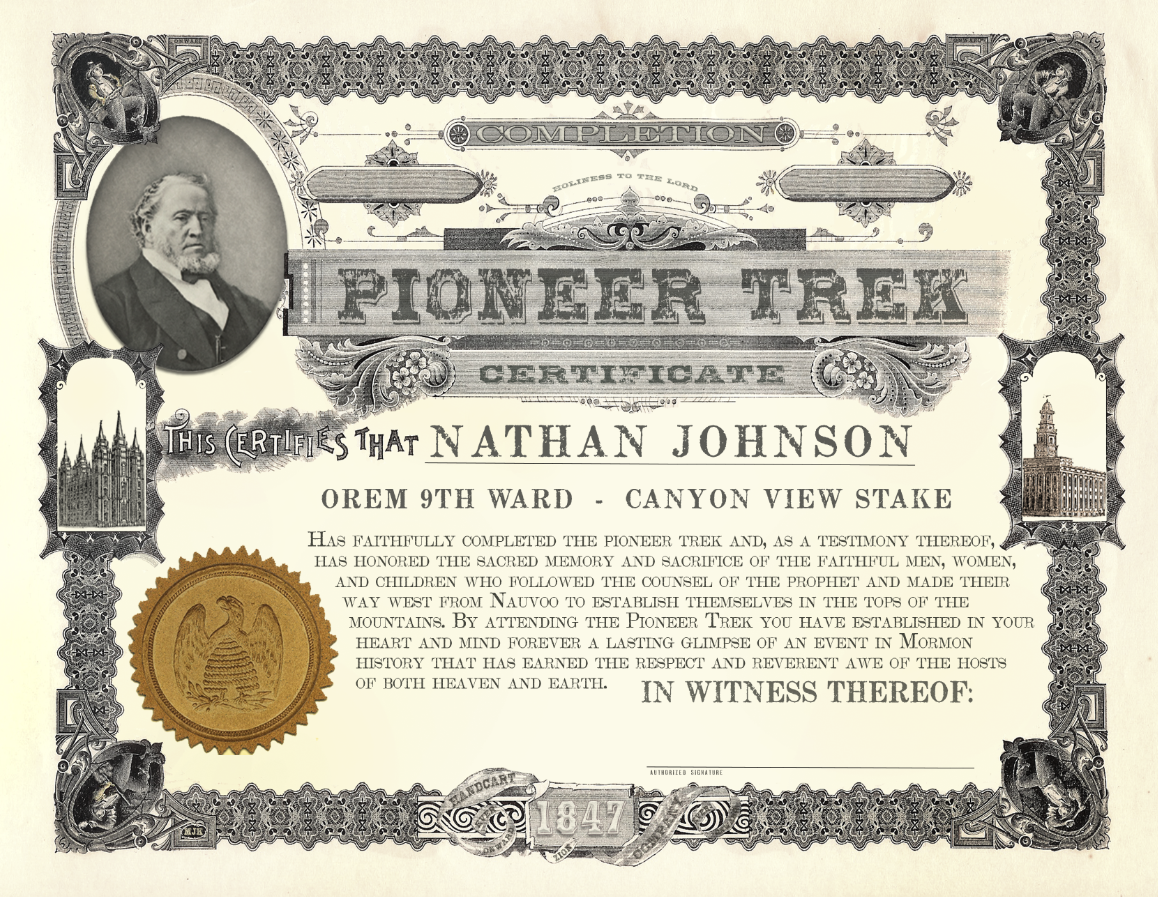 Pioneer Trek certificate LDS pioneer Trek Latter-day Saints