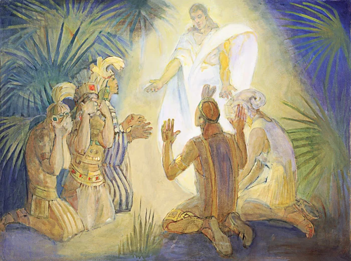 Minerva Teichert Art An Angel Appears to Alma and the Sons of Mosiah, 1950–51, oil on masonite, 36 x 48 inches. Courtesy of the Brigham Young University Museum of Art, 