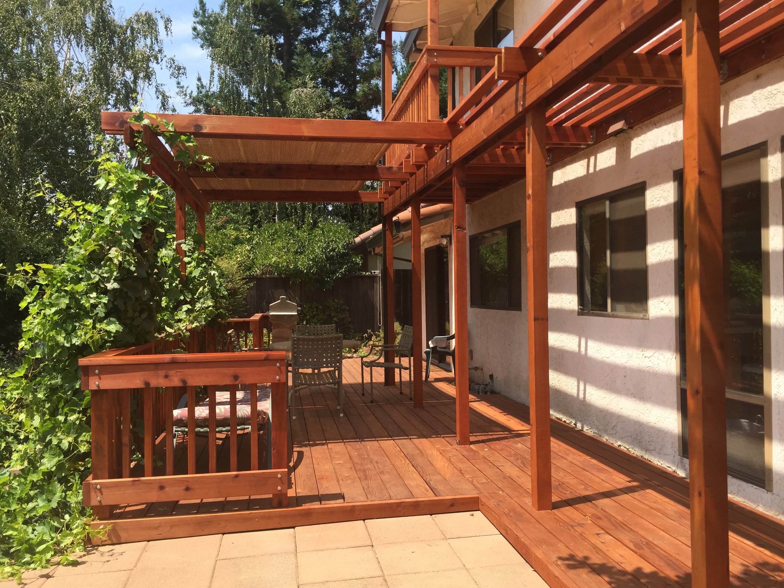  New redwood decking, balcony, pergola and handrail. 