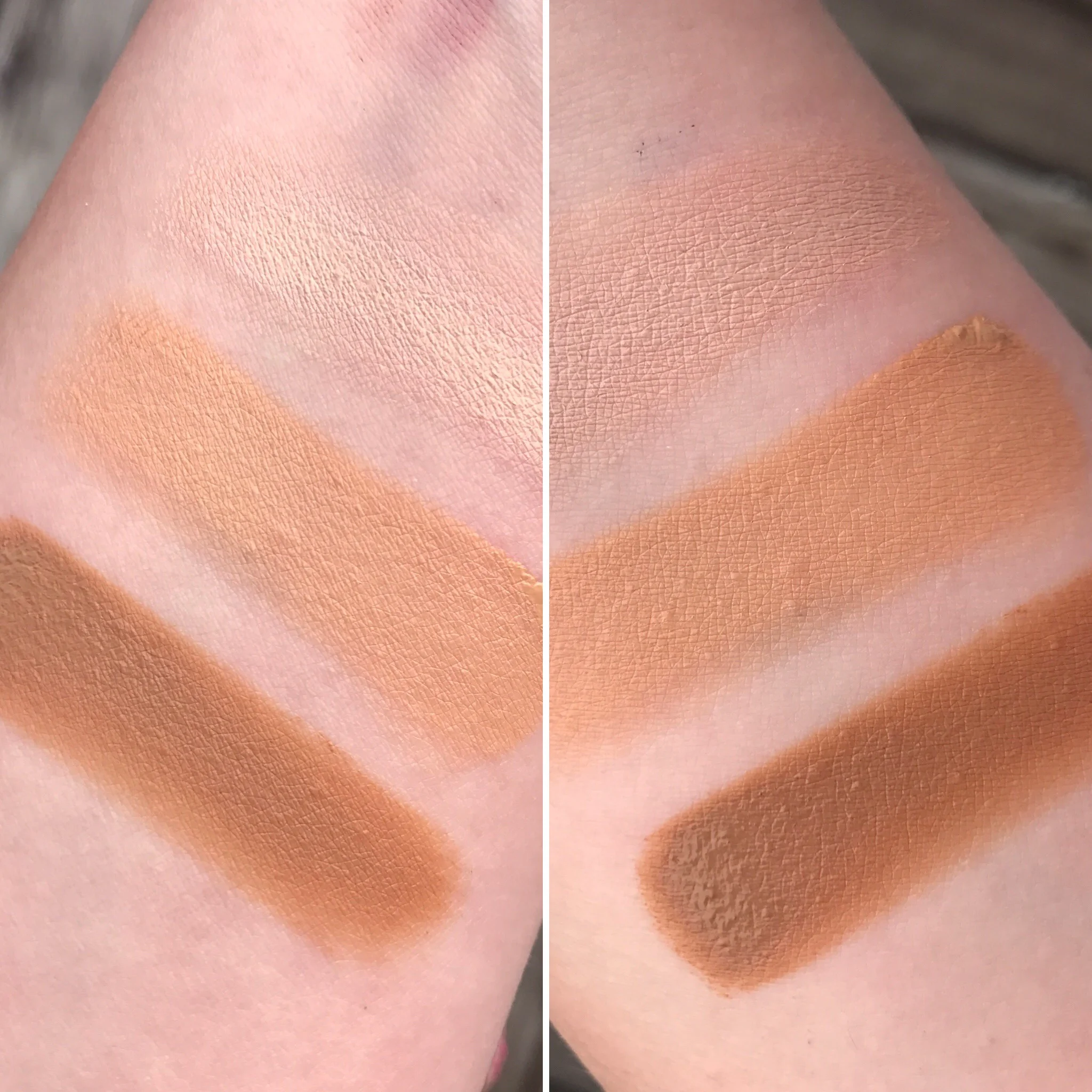 Left: Immediately after application. Right: 15 minutes after application Shades, Top to Bottom: Fair, Medium, Deep Tan