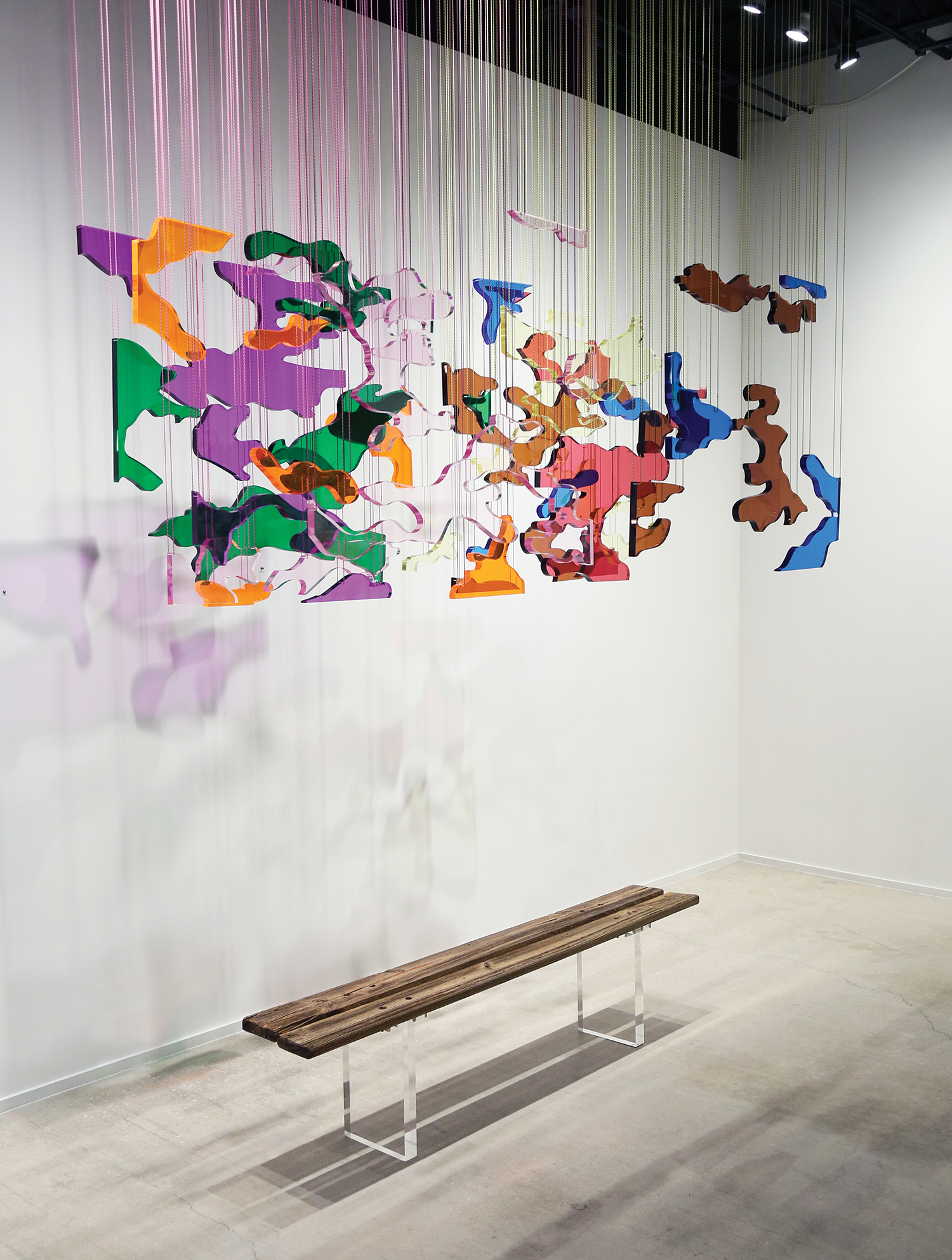 Cubes in Flatland - 2018 Left Highland 40 x 40 x 96 inches Right Lowland 40 x 40 x 96 inches acrylic, paracord Price upon request