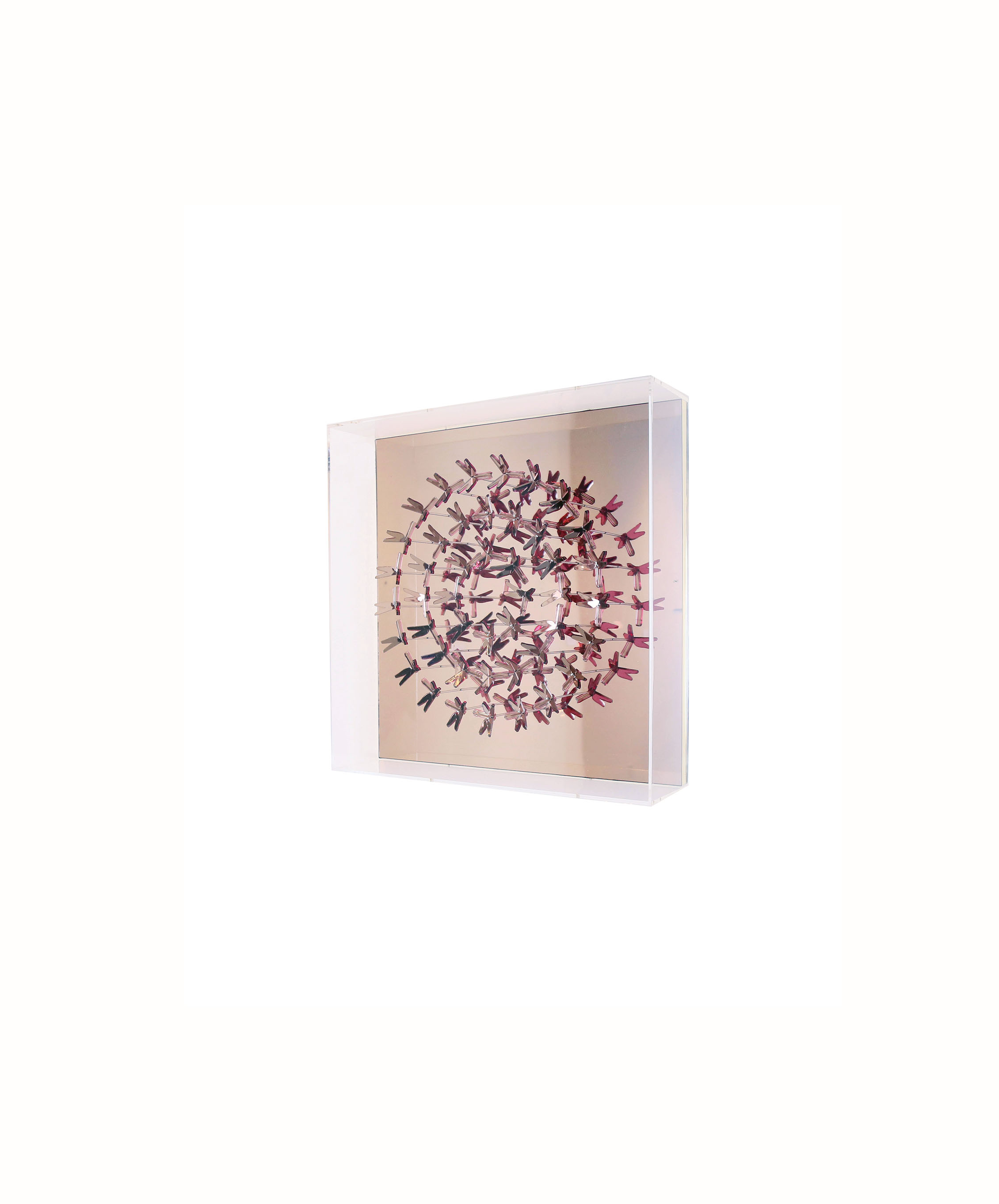 Dragonflies in Camouflage - Petal - 2018 22.5 x 22.5 x 4.5 inches double sided mirrored acrylic on mirror encased in acrylic Price upon request