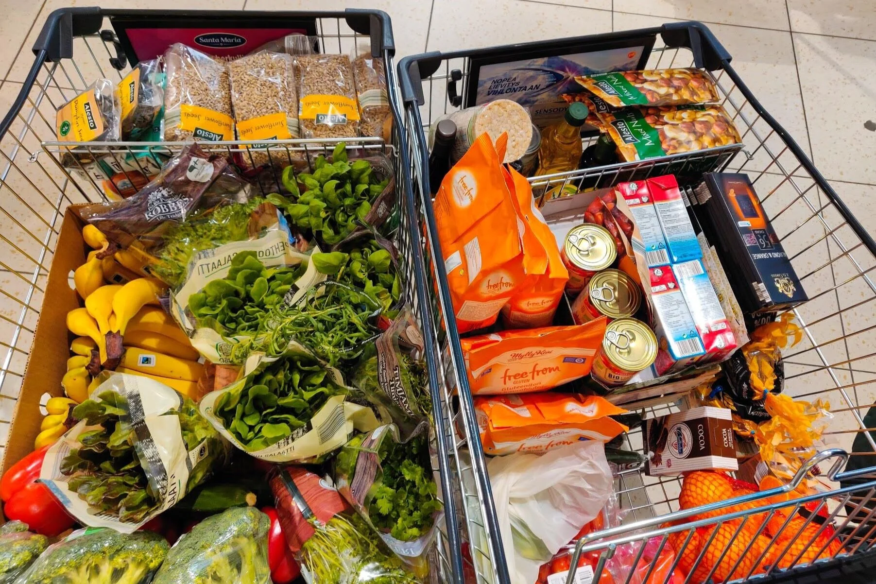 Vi handlade i två affärer, sammanlagt tre butiksvagnar fulla med mat.