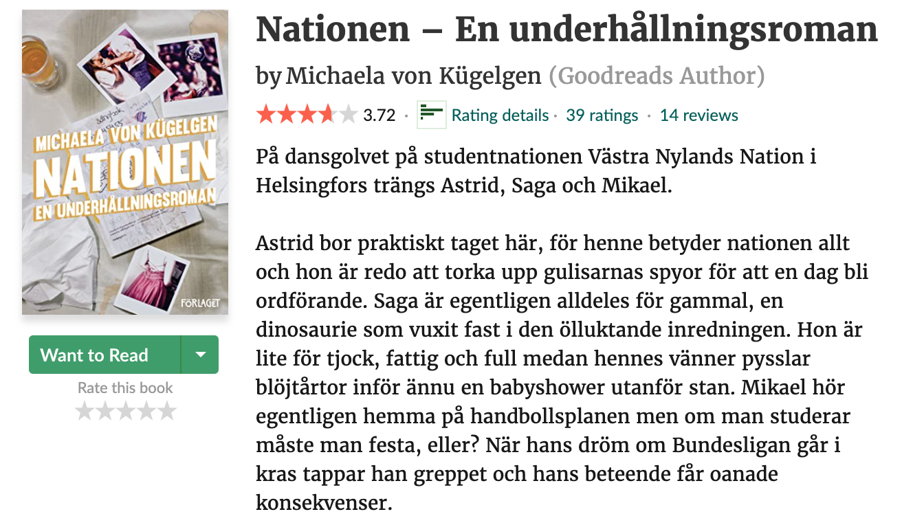 Ja jag är orimligt stolt över mitt nuvarande Goodreads-medeltal. Med tanke på att medeltalet för Vad heter ångest på spanska? ligger på 2,69 är det kanske inte så konstigt att jag är rätt nöjd över 3,72!