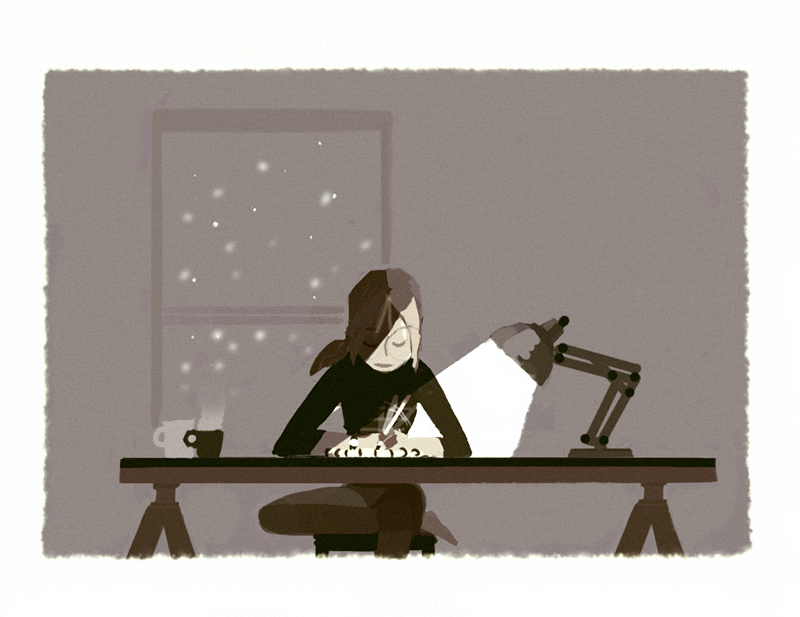 Tea, drawing and, lately… snow storm, how crazy is that? That’s my night time work sessions theses days ~ Anyway, i’m starting a new (commissioned!) big film project so i’ll try to update with others things than silly doodles at some point : <