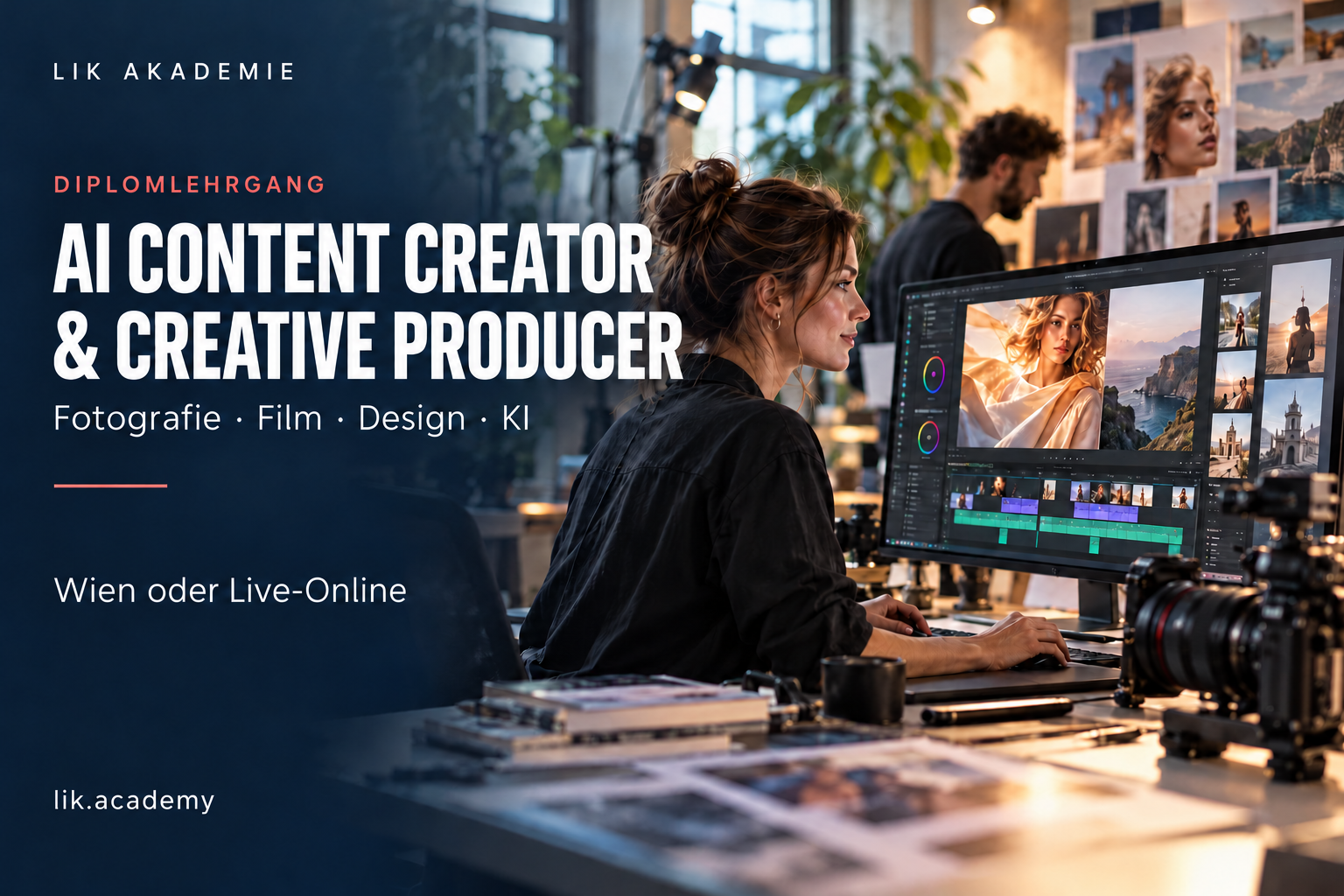 Kreativteam im Fotostudio bei Produktfotografie, Videobearbeitung und KI-gestützter Gestaltung einer Contentkampagne.