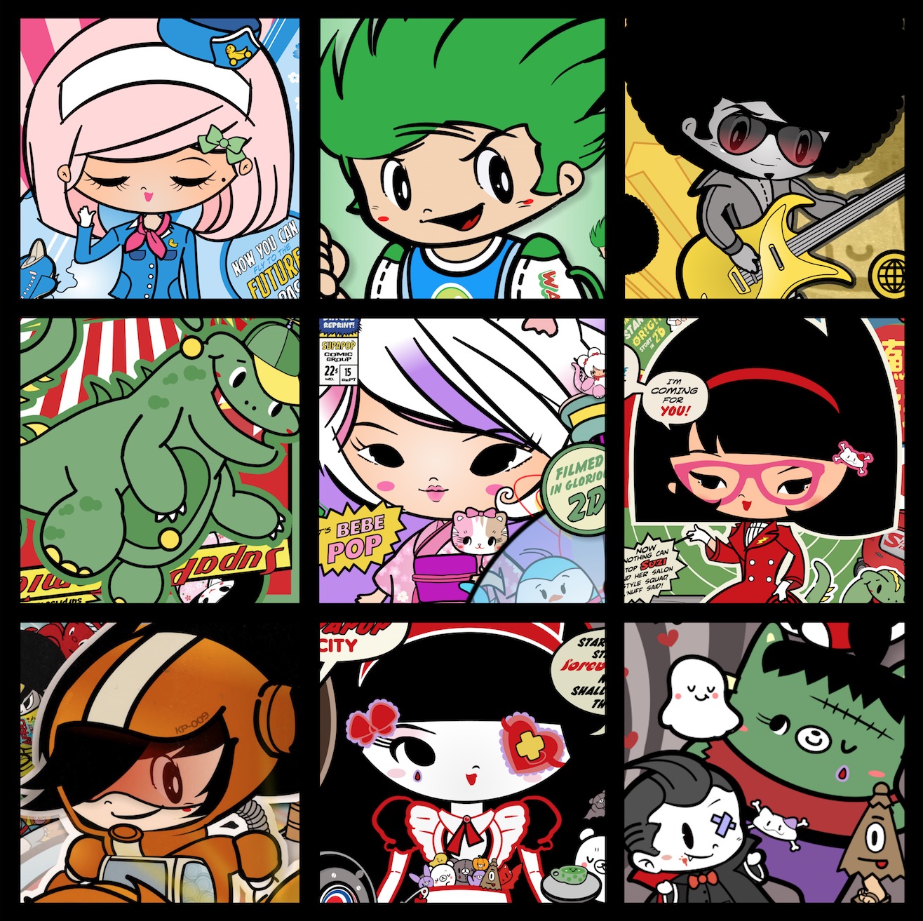 Assortment of some of the All-New SupaPop City characters, created by Danconia