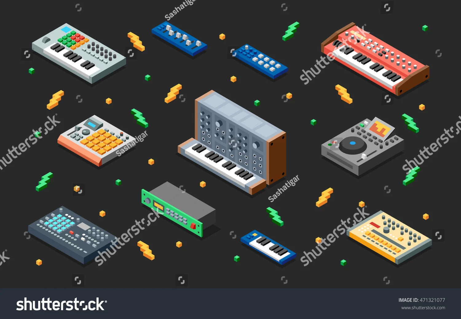stock-vector-electronic-music-synthesizers-instruments-d-isometric-illustration-on-dark-low-poly-flat-design-471321077.jpg