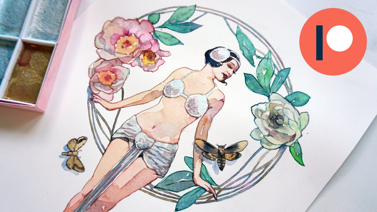 Full Painting Process: Art Nouveau Watercolor Illustration
