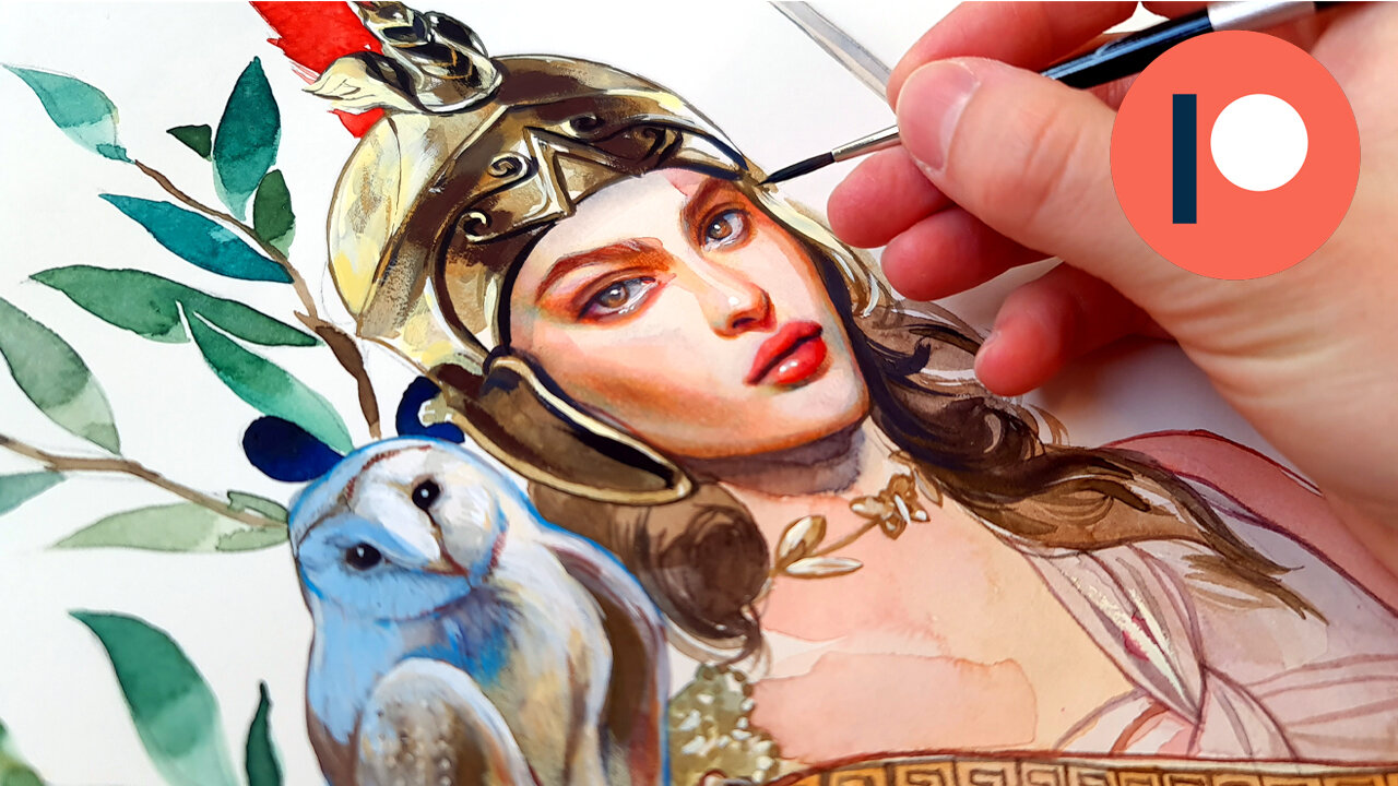 Full Painting Process: Watercolor & Color Pencils: "Athena"