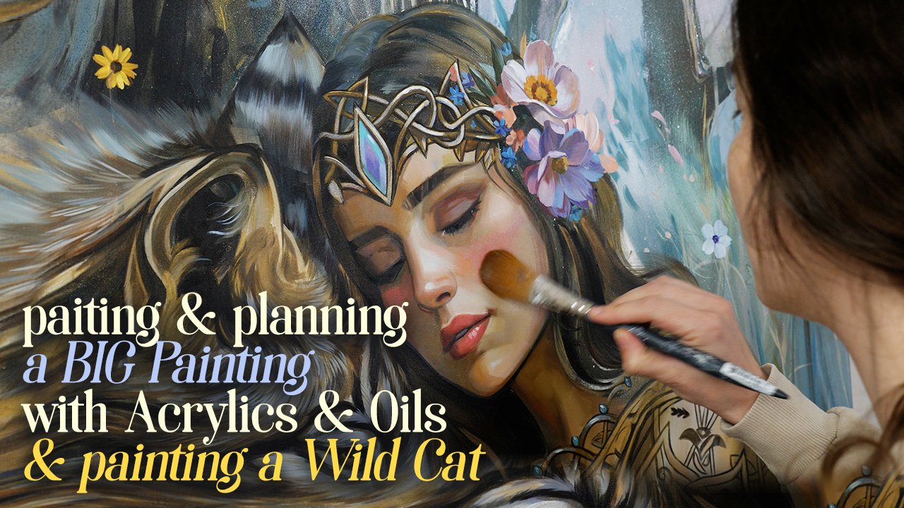 Freya | Part 1: Planning a big painting with Acrylics & Oils 🎨 Painting a Wild Cat 🐈 & Making Abstractions 🖌️