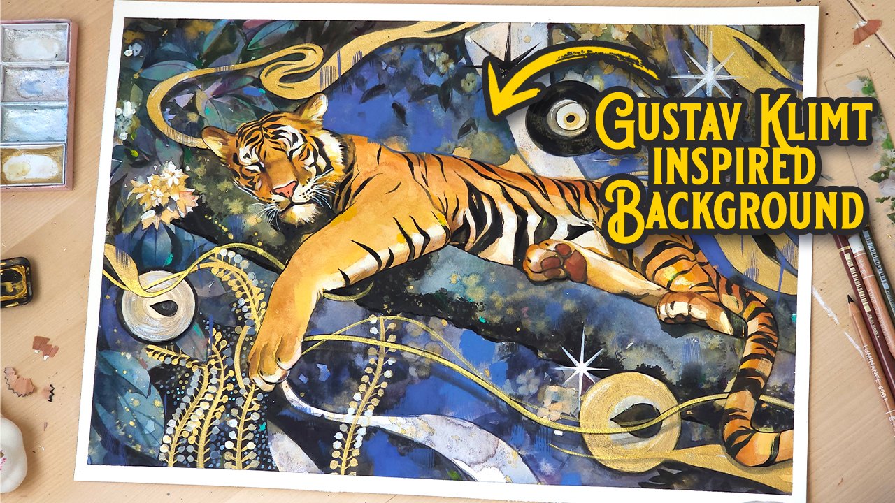 Layering Watercolor , Color Pencils & Gouache for a Detailed Tiger and Klimt-Inspired Patterns! ✨🐯