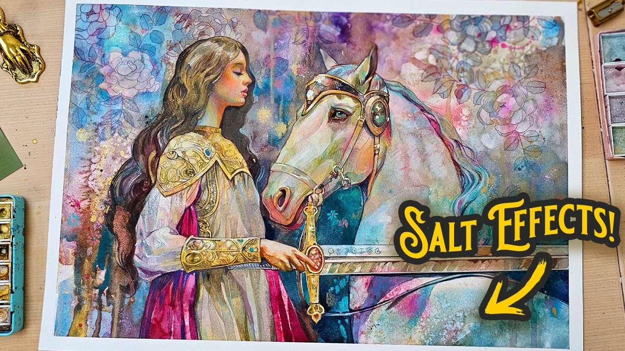 Painting a Lady & a Horse with Watercolors, Color Pencils and Gouache + Salt Effect! 🧂