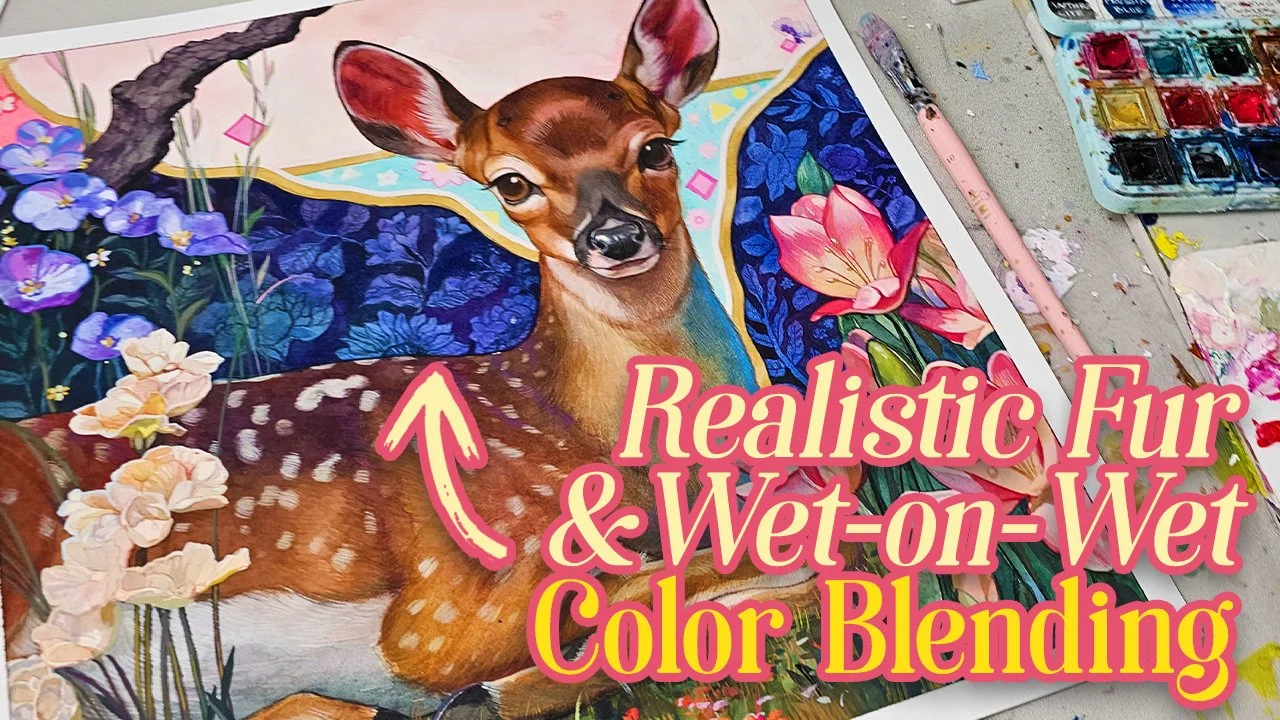 Realistic Fur Texture & Wet on Wet Color Blending with Watercolors & Mixed Media 🦌Petit Faon