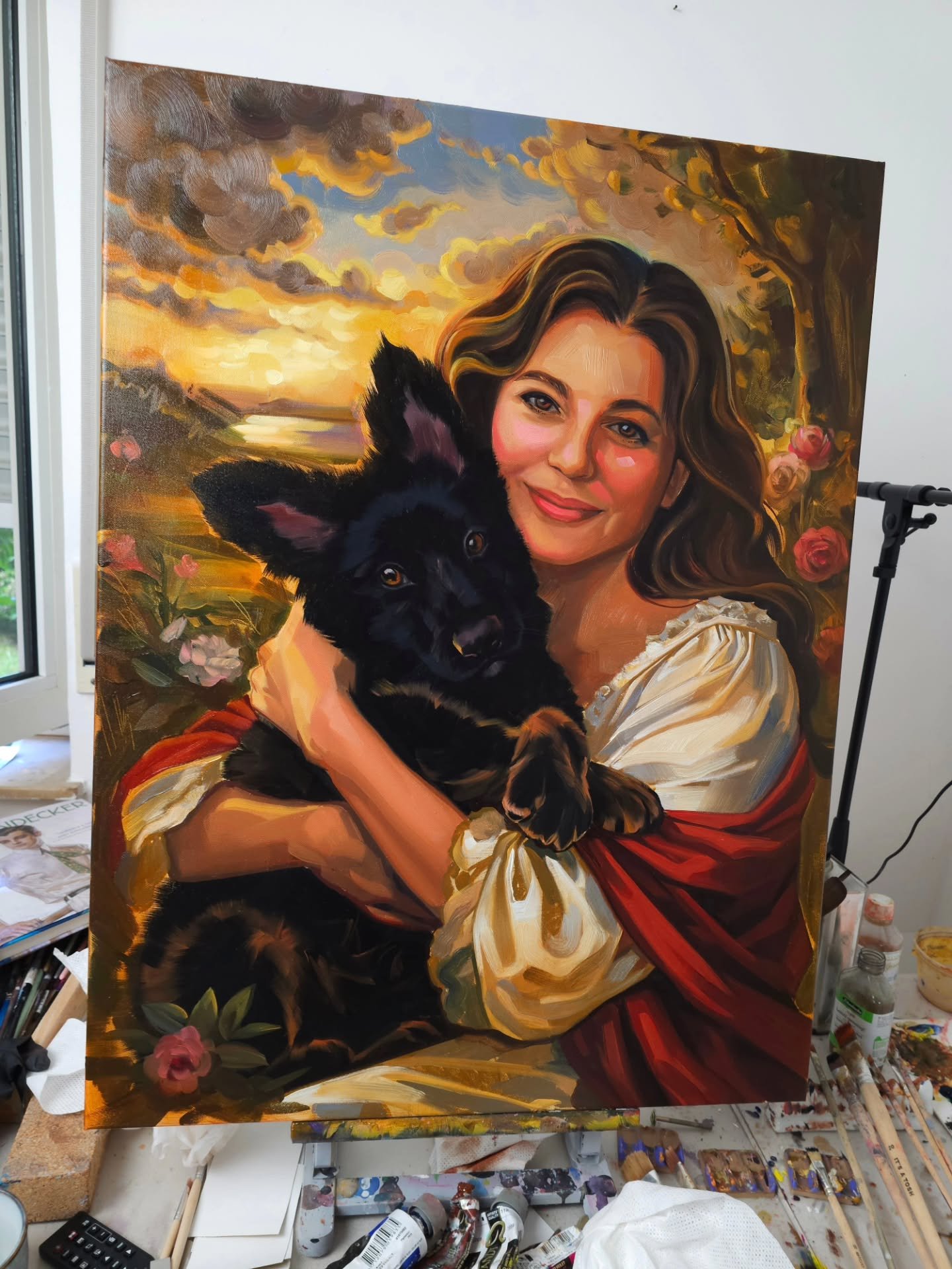"Kori &amp; Ozzy", this was such a fun and beautiful portrait commission! Ozzy is actually a very special dog with an important job: he's a service dog and helps Kori who has epilepsy. In his free time he likes to watch tv and listen to Roc