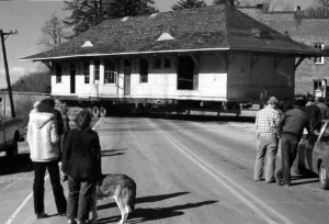 Depot being moved across bridge in 1981.