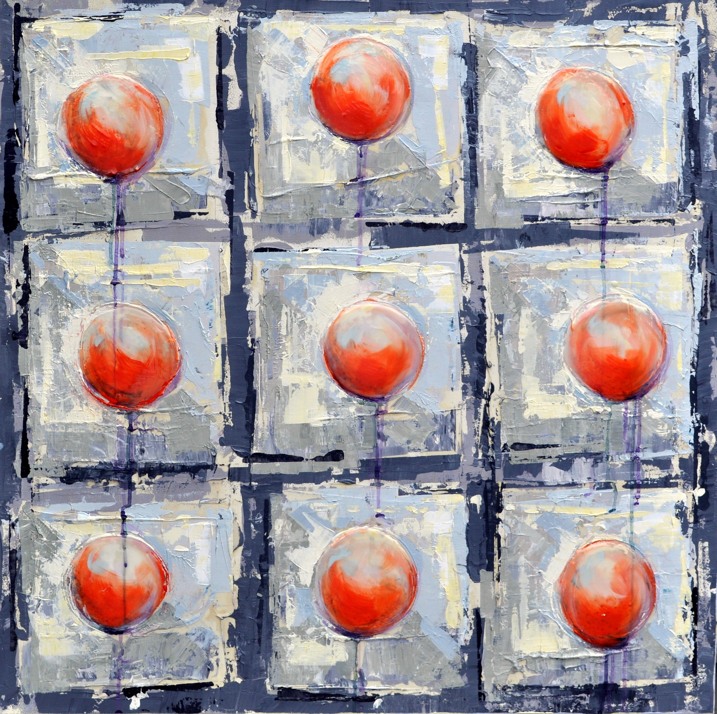 Available Painting: 9 Red Balloons VIII, Acrylic on Canvas, 36x36 inches