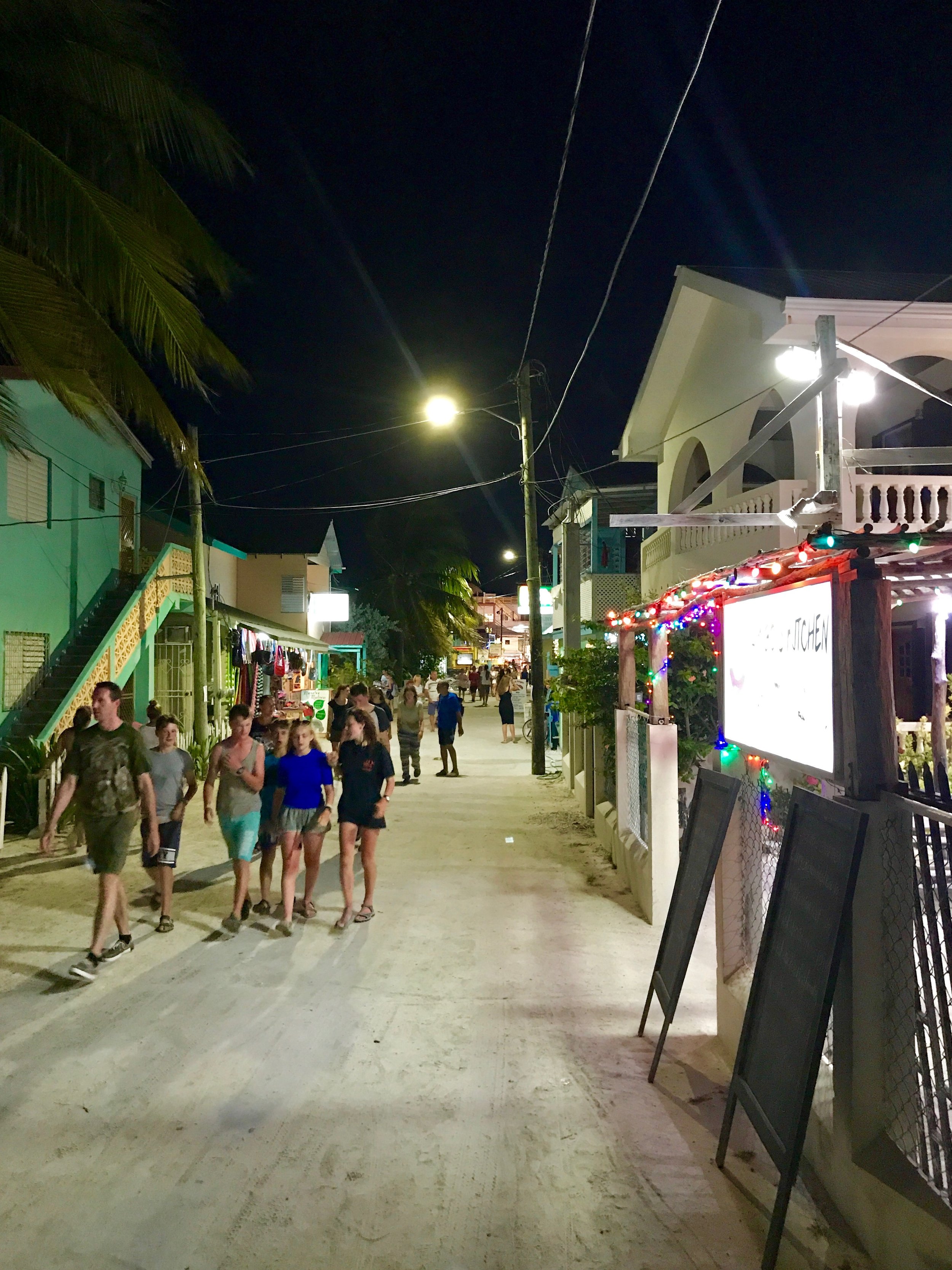 Caye Caulker's Front Street at night