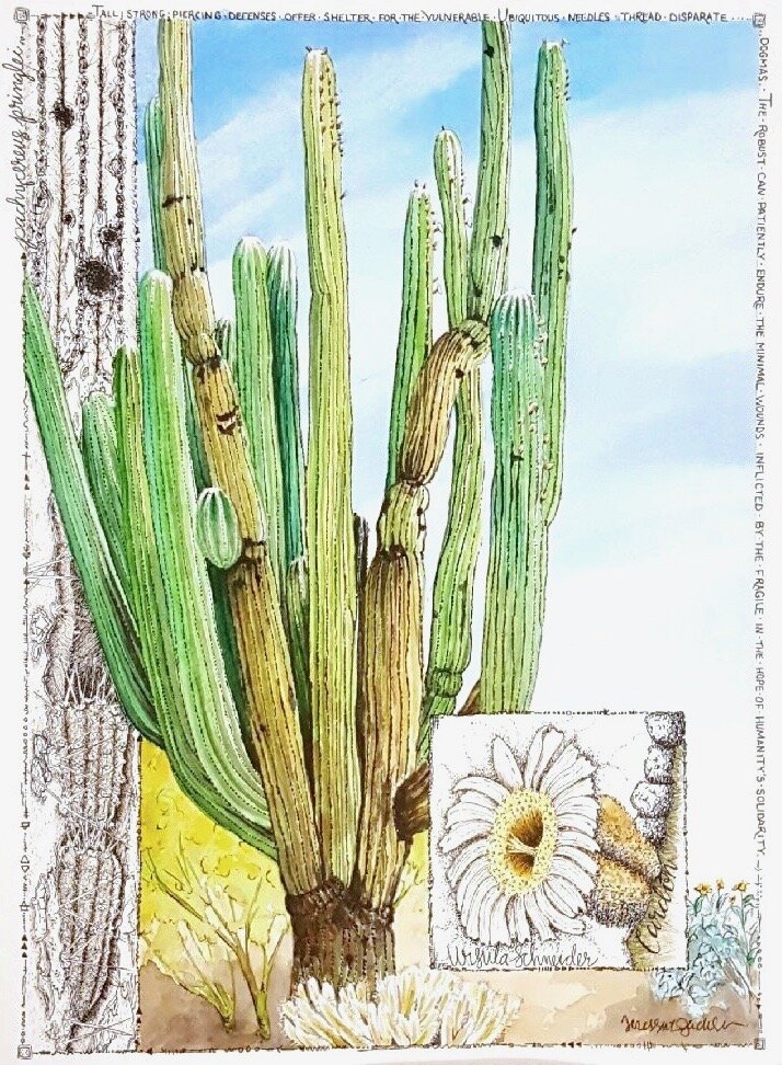 “Nourishing Community” by Ursula Schneider & Teressa Jackson 10x14” watercolor on 140 lb. Arches watercolor paper Available for purchase at Raices Taller 222 Art Gallery & Workshop until 10/21/19.