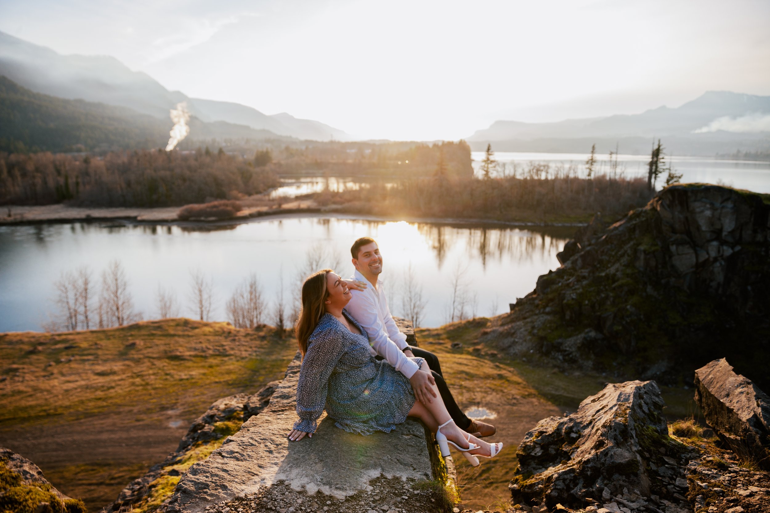 Candid happy couple Oregon Columbia River Gorge engagement photos
