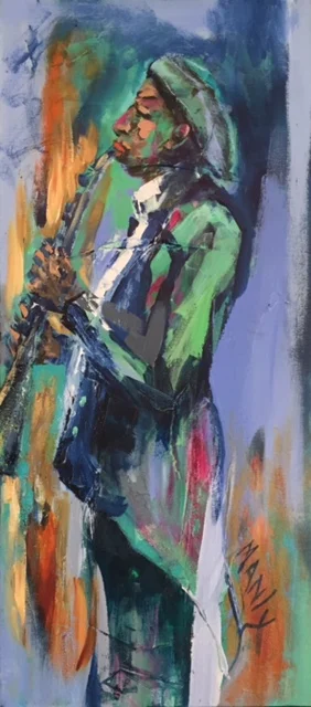 Clarinet Man 36" x 16" Mixed Media on Canvas Framed SOLD